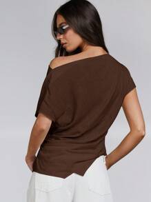 Athîral Women's Solid Color Ruched Batwing Short Sleeve Fashionable Blouse,Off The Shoulder Top - Coffee Brown - View 4