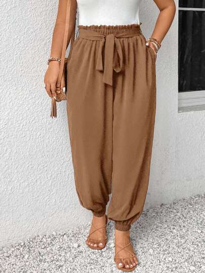 EURMUSE Plus Size Black Flounce Waist Tapered Leg Casual Pants