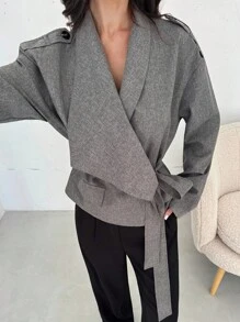 Firerie 女士休闲优雅收腰秋冬灰色仿亚麻外套/秋季/返校/商务休闲/外出上衣 - 深灰色 - 查看 8