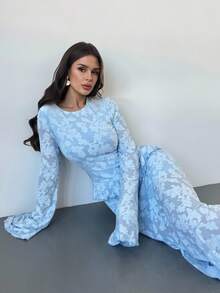 Firerie Rochie midi elegantă pentru femei, decupată, cu volane, în linie A, cu mâneci evazate, albastră, potrivită pentru vacanță, întâlniri, întoarcerea la școală, absolvire, purtare zilnică