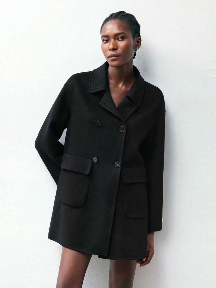 SHEIN Maija Wool Material Women's Solid Color Lapel NeckLong Sleeve Double-Breasted Casual Overcoat Modern Urban Casual Fashion Business Casual Women's Office Wear Low-Key Old Money Style Effortless Temperament High-End Urban Commuting High-Quality Airport Women's Wear High-End Material In Fall/Winter Low-Key And Durable Basic Style, All-Match And Suitable For Everyone, Street Fashion Wear, Coffee Shop Wear, Relaxed Wear All-Season