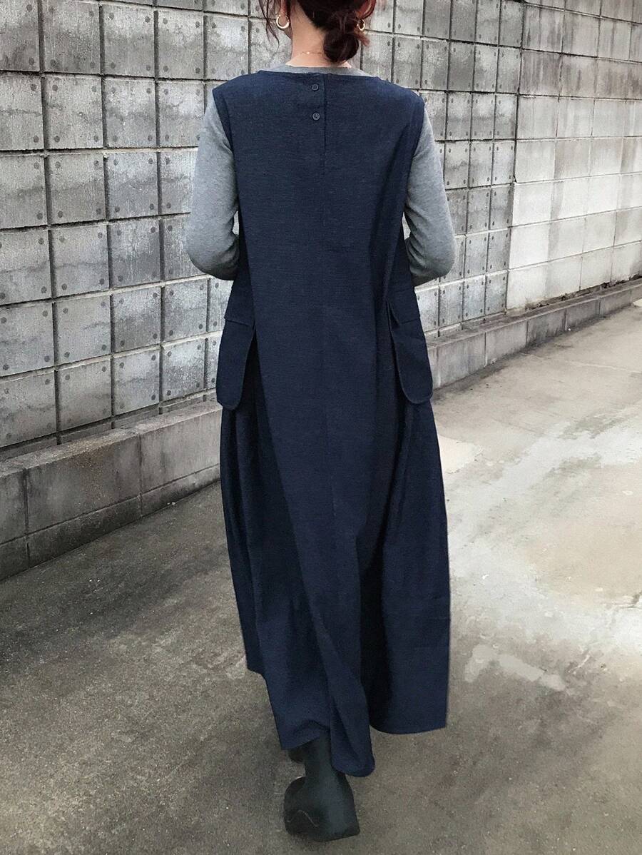 FRIFUL Women's Navy Blue Solid Color Round Neck Sleeveless Side Slit Large Pocket Decorated Maxi Denim Dress, Autumn - Blue - View 1