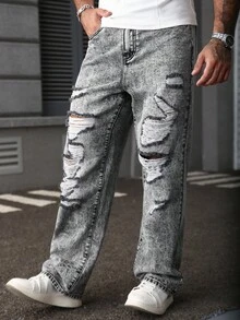 Manfinity LEGND Plus Size Men's Gray Washed Mature Street Style Personalized Ripped Design Straight Jeans - Grey - View 6
