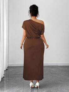 Elenzga Plus Size Women's Satin Asymmetric Ruffle Collar Pleated Waist Slim A-Line Maxi Dress, Summer