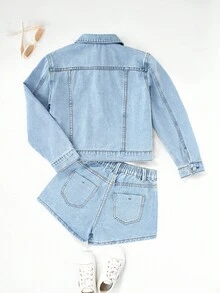 2pcs/Set Young Girls Light Blue Streetwear Fashion Denim Vest & Shorts Suit,Tween Girls Soft Fabric Daily Wear Back-To-School School Autumn Outfit - Light Wash - View 2