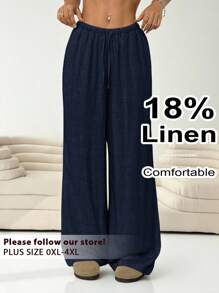 Solflare Plus Size Women's Solid Color Drawstring Waist Casual Versatile Everyday Outing Long Pants Fall - Navy Blue - View 1
