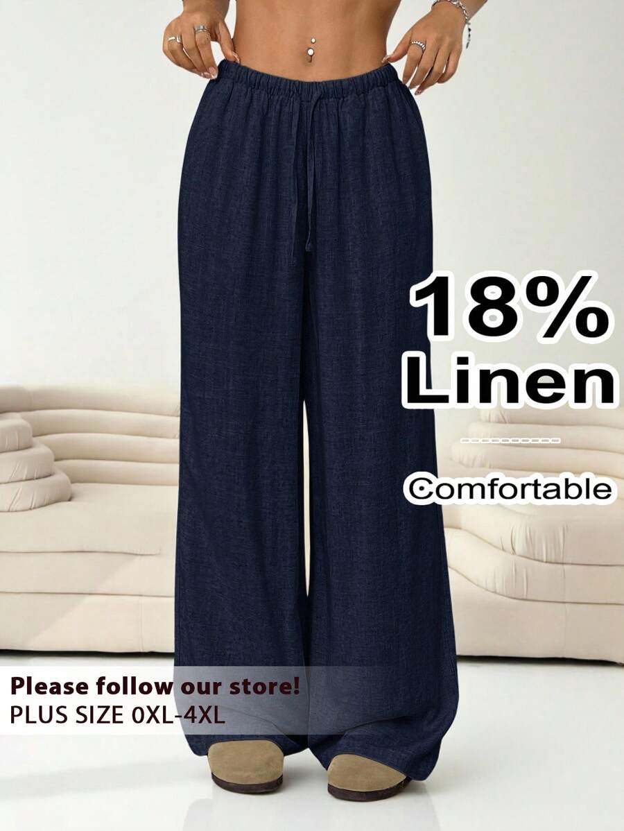 Solflare Plus Size Women's Solid Color Drawstring Waist Casual Versatile Everyday Outing Long Pants Fall - Navy Blue - View 1