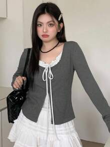 Dazy Plus 撞色拼接二合一系带长袖T恤，大码女款秋季