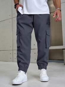 Manfinity Homme Men Plus Size Drawstring Waist Cargo Pocket Casual Pants, Fall - Dark Grey - View 5