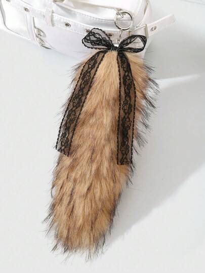 Grunge Punk 1 pièce Porte-clés/breloque de sac à main Y2K rétro de haute qualité avec queue en fausse fourrure dégradé marron et nœud en dentelle noire, convient pour le port quotidien des femmes/filles, cadeau de vacances