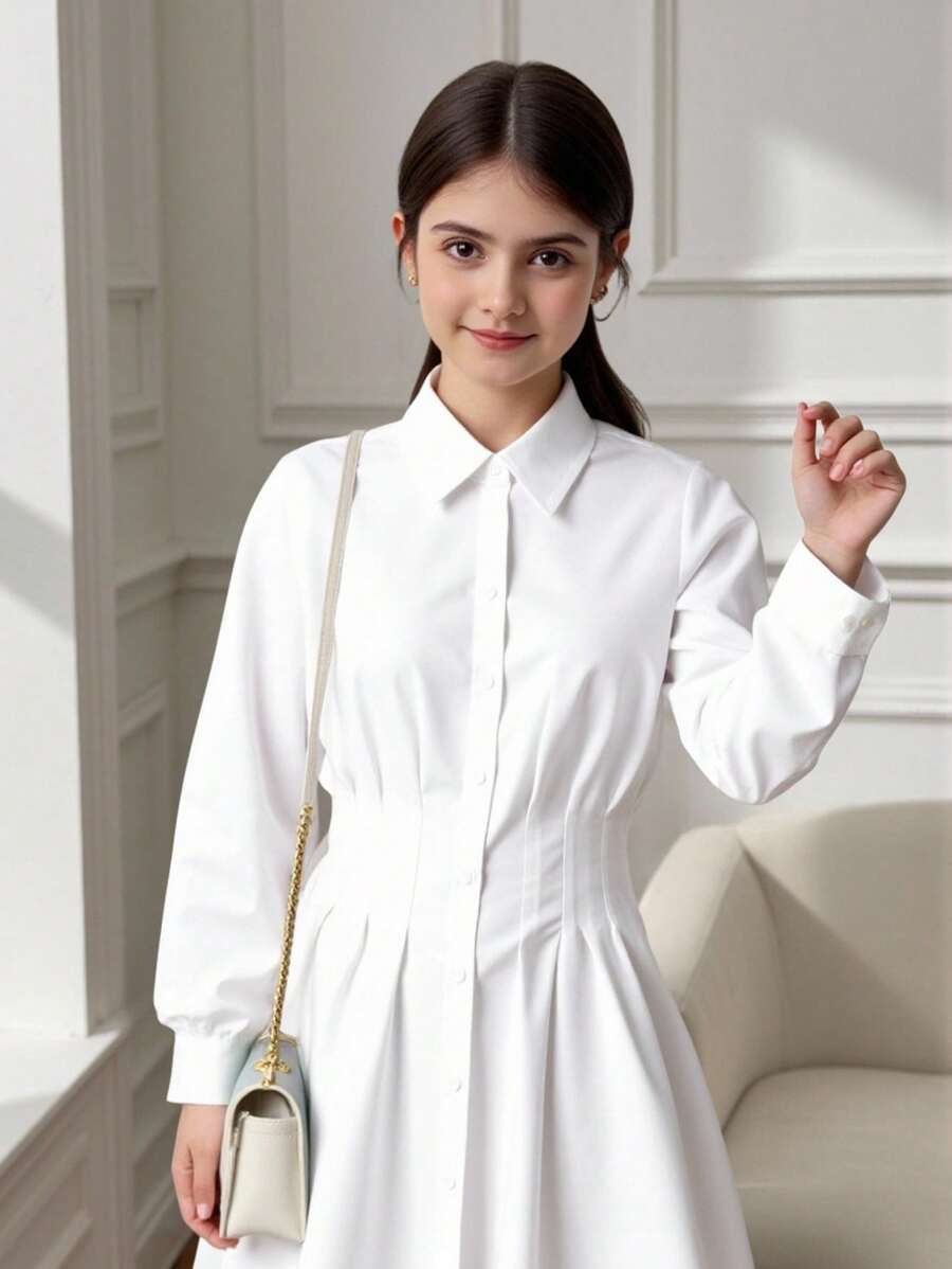 SHEIN Tween Mädchen Lässig Schule/Pendler Mode Tailliertes Plissee Taille Ausgestellter Kragen Knopfleiste Langarm Webkleid in Weiß, Rückkehr zur Schule Kleid - Weiss - Übersicht 1