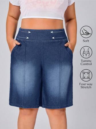 Flexra Plus Size Summer Casual Washed Slant Pocket Denim Shorts