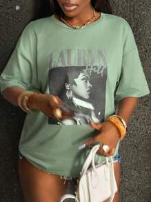 INAWLY Solva Women's Letter & Figure Print Round Neck Short Sleeve Casual T-Shirt - Green - View 4