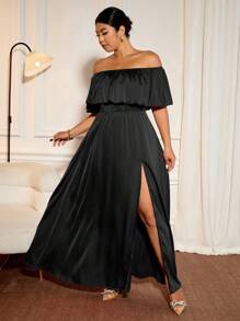 Cravure Váy phù dâu dài cỡ lớn, bó eo, xẻ tà, trễ vai, viền bèo nhún, thanh lịch cho dạ hội, tiếp khách, biểu diễn - màu đen - Xem 6