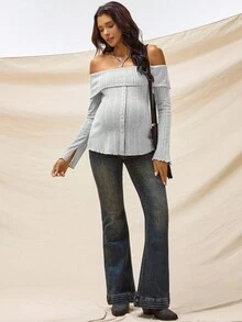 Boho Mama 孕妇纯色露肩喇叭袖荷叶边条纹单排扣T恤 - 灰色 - 查看 6