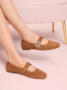 CUCCOO DOLLMOD Women's Fashion Charming Flat Loafers, Khaki Color, Faux Suede Material, Rhinestone Buckle, Square Toe, Commuting, Comfortable, Office, Street, Party, Travel, Vacation, Spring/Summer/Autumn - Khaki - View 3