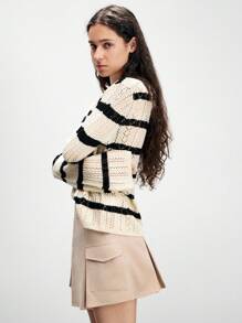 Chiquease Pulover tricotat cu mânecă lungă și dungi, guler rotund, scobit din buzunar, toamnă-iarnă