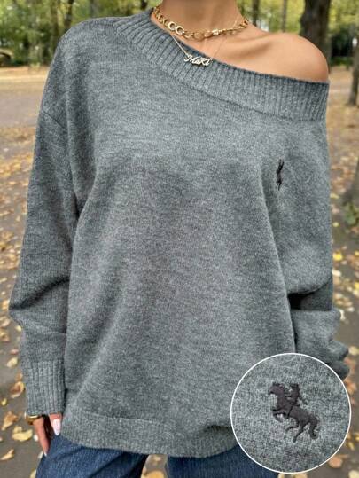 Muchica Fall Women Clothes Old Money Autumn Sweaters Women's Loose Casual Solid Asymmetric Collar Drop Shoulder Long Sleeve Sweater Off Shoulder Sweater Gray Sweater