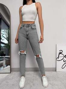 EURMUSE 100% Baumwolle Zerrissene, ausgefranste, ausgeschnittene Skinny Jeans - Grau - Übersicht 5