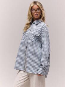 MUSERA 超大格纹前袋纽扣衬衫，复古乡村风，清新甜美，适合冬季休闲穿着，优雅春季款。 - 彩色 - 查看 2