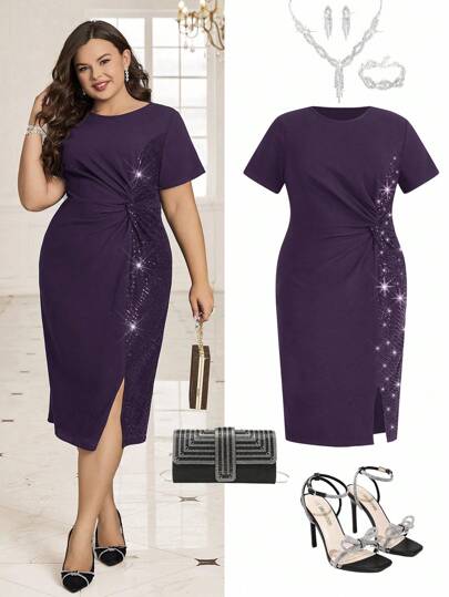 Ellevyn Plus Size Women's Sequin Patchwork Twist Waist Design Split Hem Elegant Dress,Wedding Guest Dress Women