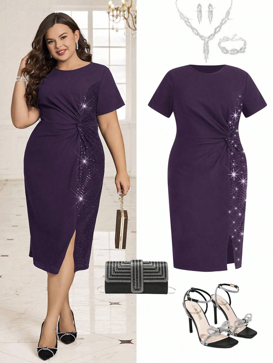Ellevyn 大码女式亮片拼接扭腰设计开衩下摆优雅连衣裙 - 紫色 - 查看 1