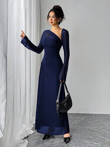 Siren Gaze 秋季女式网眼修身长袖A字下摆长裙 - 藏蓝色 - 查看 5