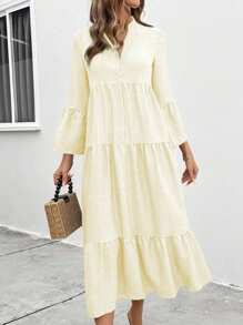 SHEIN LUNE Women's Notched Neck Single-Breasted Long Sleeve Casual Dress Maxi Women Outfit Fall Cloth For Women - Butter Yellow - View 3