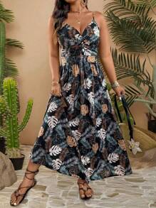 Breezaya 女式休闲度假风格花卉印花吊带背心连衣裙 - 黑色 - 查看 4