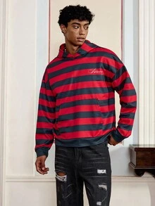 SWAVVY Men's Casual Hoodie With Digital Print Red And Black Striped Long Sleeve Sweatshirt, Spring/Autumn, For Fall Winter - Multicolor - View 2