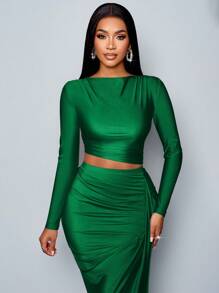 SOLERSUN 女士两件套纯色优雅休闲简约不对称领长袖 T 恤和修身褶皱侧开衩长裙两件套 - 墨綠色 - 查看 6