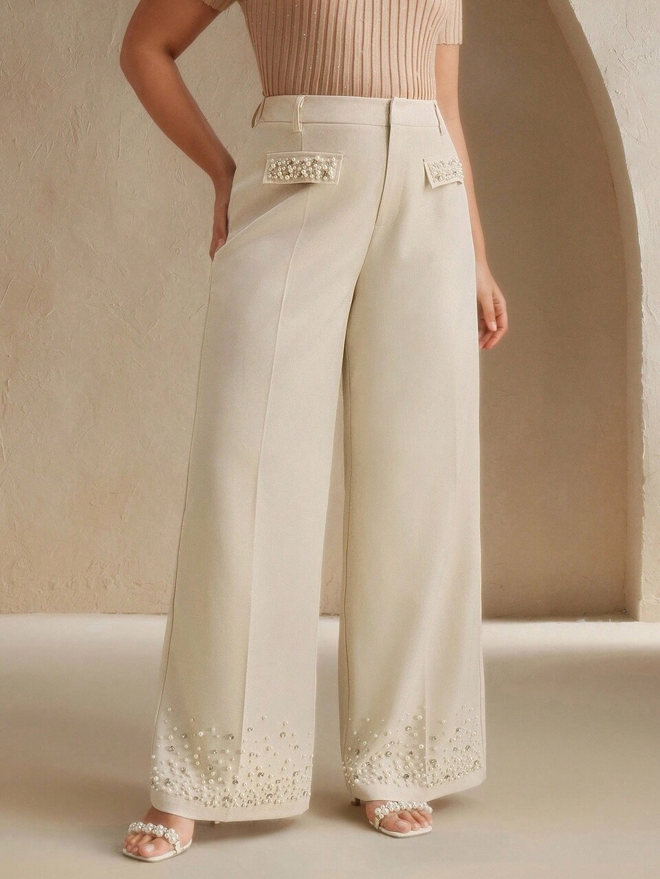 Plus Size Women's Modern Elegant New Mixed Pearl & Rhinestone Decor Wide Leg Pants Winter Fall Autumn