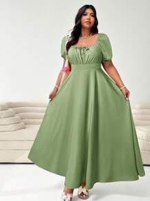 Solflare 大码女式短袖休闲系带前腰收腰优雅休闲婚礼宾客礼服，春夏优雅夏装浅绿色女士连衣裙绿色长裙女士薄荷绿连衣裙，优雅性感，适合日常、郊游、约会、下午茶、度假、春夏、女士春季服装、女士夏季服装、节日/音乐会服装女士/狂欢服装节日/狂欢服装/春假服装、毕业礼服、女士海滩服装/海滩、生日礼服、休闲礼服 - 薄荷綠 - 查看 3