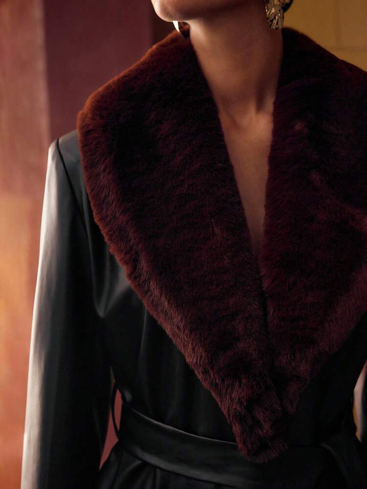 PU LEATHER PATCHWORK FAUX FUR COLLAR BELTED COAT FOR WOMEN