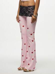 SUMWON WOMEN 粉色心形印花休闲裤高腰阔腿蕾丝边分层舒适裤喇叭裤阔腿风格节日情人节主题 - 粉色 - 查看 5