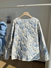 SHEIN EZwear 加大码加厚棉服外套，秋冬花卉印花夹克绗缝夹克女士绗缝夹克 - 彩色 - 查看 2