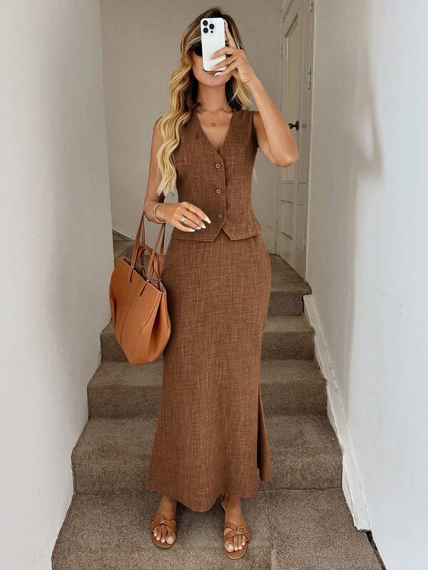 Easowa Summer New Casual Blue Vest & Long Skirt 2 Pieces Set For Women, Suitable For Daily Casual Outings, Leisure Commuting, Retro Style Brown Two Piece Dress Long Brown Skirt Set