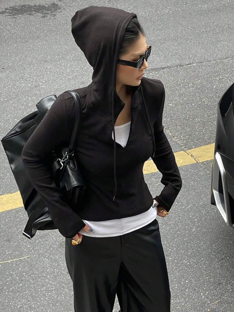Women's Solid Color Minimalist Casual Hooded Long Sleeve T-Shirt