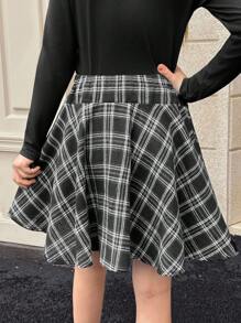 SHEIN 青少年女孩格子印花系带高腰喇叭裙 - 黑色 - 查看 3