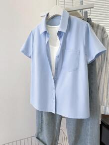 INAWLY Women's Solid Color Open Front Short Sleeve Casual Commuting Shirt, Summer - Baby Blue - View 4