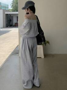 DAZY 女士露肩长袖运动衫和宽松休闲裤两件套，韩版，春秋 - 灰色 - 查看 2
