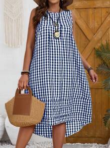 EMERY ROSE Plaid Sleeveless Plus Size Dress, Summer - Navy Blue - View 3
