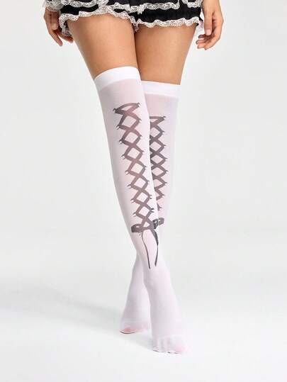 Grunge Punk 1 Pair White Y2K Minimalist Solid Color Cross-Tie Bow Decor Thigh High Socks, Suitable For Music Festivals, Daily Outings, Conventions And More