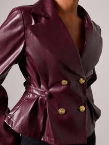 COSMINA 秋冬女士纯色翻领长袖双排扣PU皮夹克 - 酒紅色 - 查看 7