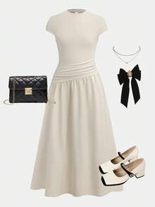 SHEIN Vestido largo asimétrico de línea A con cintura ceñida, de manga corta, ajustado, de cuello alto y color beige sólido, elegante y sencillo para uso diario casual de niñas preadolescentes, primavera/verano