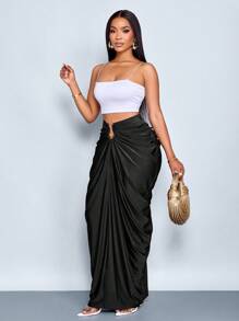 SOLERSUN 女士时尚纯色褶皱半身裙 - 黑色 - 查看 3