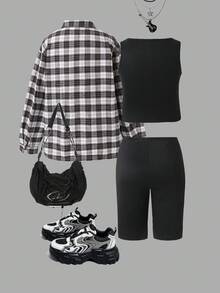 Ensemble chemise à carreaux décontractée, débardeur unicolore et short - Multicolore - Voir 2