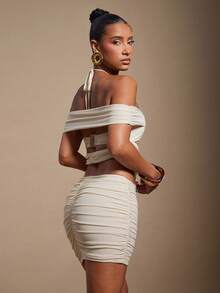 Hauture Đầm ôm body bóng bẩy gợi cảm hở vai buộc dây sau lưng cho nữ dự tiệc - Vàng nhạt - Xem 2