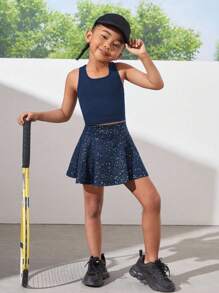SHEIN Young Girls Activewear Navy Blue Star Print Elastic Comfortable Breathable Dance/Yoga Skirt - Navy Blue - View 3