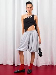 COUREZ 不对称单肩牛仔上衣/Y2K可爱上衣 外出上衣 秋季女装 性感露肩上衣 - 黑色 - 查看 2